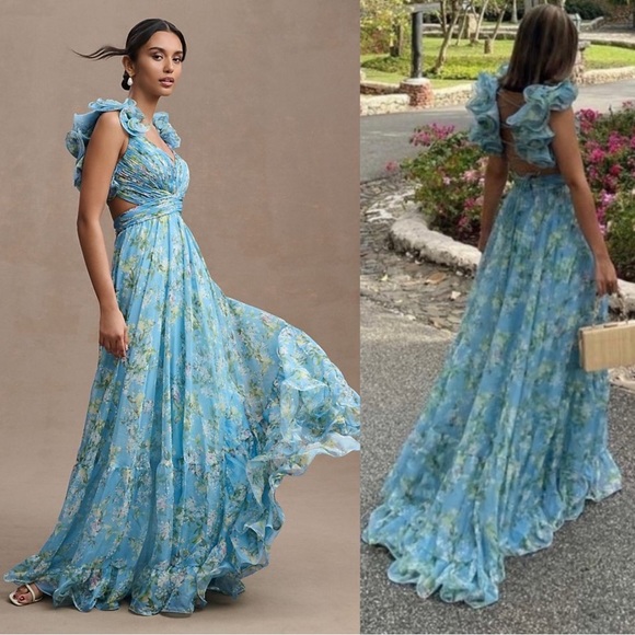 MAC DUGGAL フローラルティアードフリルワンピース Pink Ruffle Tiered Floral Cut-Out Chiffon Gown - Mac Duggal